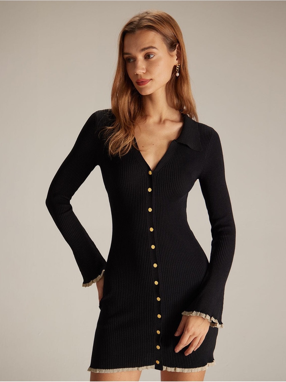 Black Ribbed Button-Front Knit Dress
